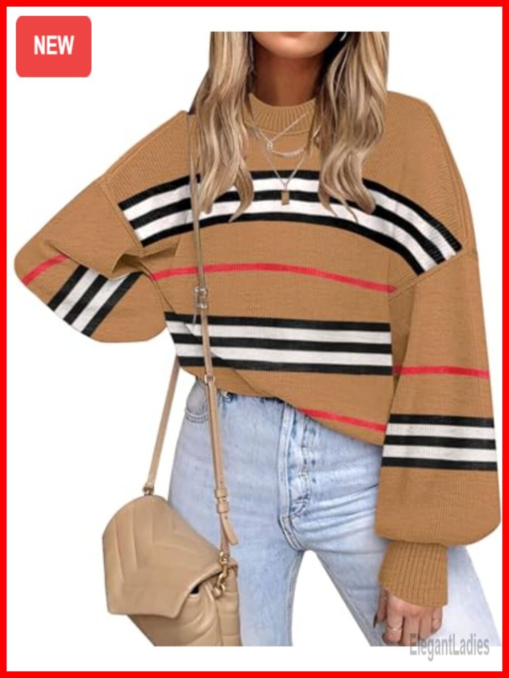Womens Oversized Striped Knit Sweater Long Sleeve Crewneck Pullover